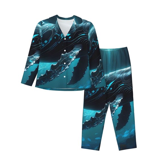 Yiaed Vintage Blue Pattern Whale Print Pajamas Women's Long Sleeve Sleepwear Soft Button Down Loungewear Pjs Lounge Set Nightwear Womens Pajama Pants-XX-Large
