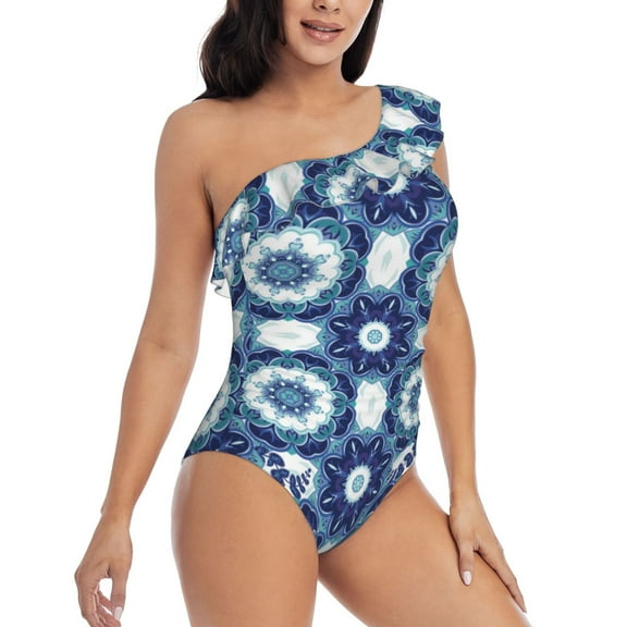 Yiaed Vintage Blue Print Women One Piece Swimsuits Tummy Control One Shoulder Bathing Suits Pattern Ruffle Swimwear-Large
