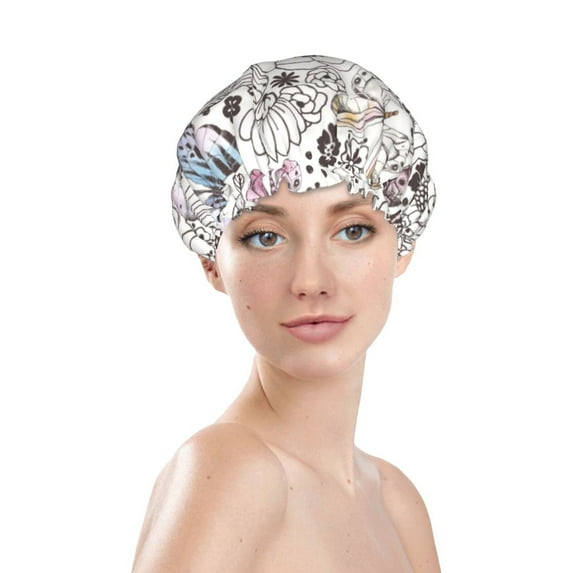 Yiaed Vintage Butterflies Print Reusable Shower Cap & Bath Cap & Lined, Oversized Waterproof Shower Caps Designed for all Hair Lengths