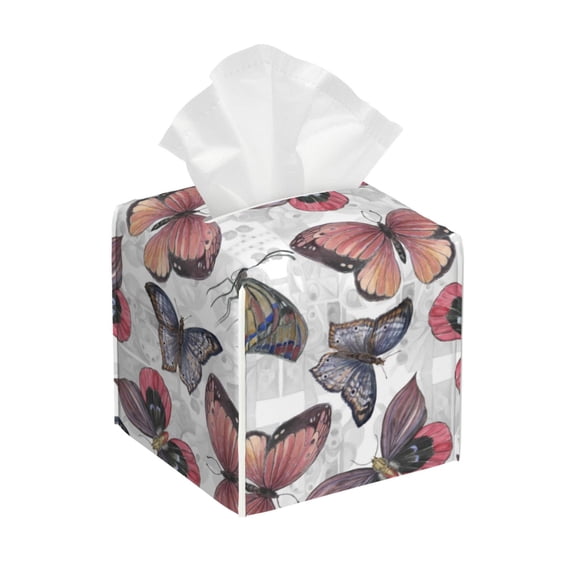 Yiaed Vintage Butterflies Print Tissue Box Cover, PU Leather Decorative Organizer for Tabletop, Bathroom, Car, Office Creative Decorative