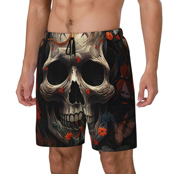 Yiaed Vintage Butterfly Flower Skull Print Mens Swim Trunks Bathing Suit Compression Liner Beach Swim Shorts Swimwear Quick Dry Zipper Pocket No-Chafing Board Short-Small