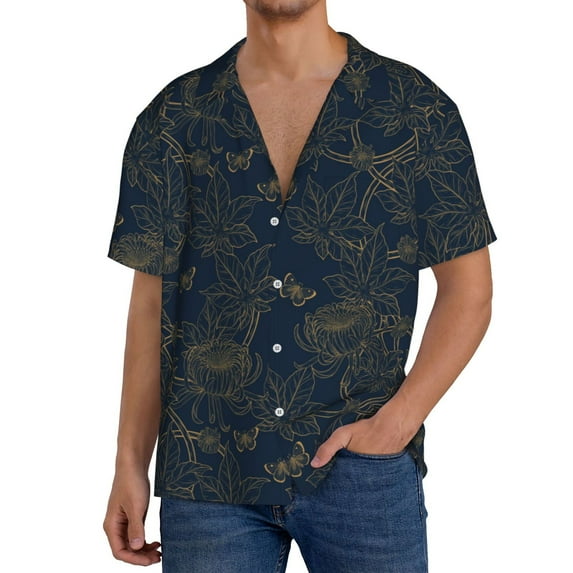 Yiaed Vintage Chrysanthemum Print Mens Casual Wrinkle Free Shirts Short Sleeve Button Down Summer Stretch Dress Shirt-X-Large