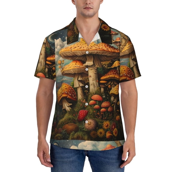 Yiaed Vintage Cloud Mushroom Print Hawaiian Shirt for Men Short Sleeve Button Down Shirts Beach Shirts for Men-XX-Large