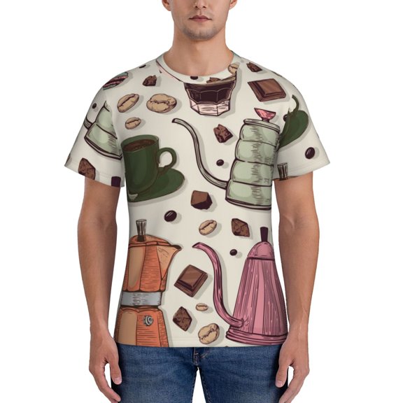 Yiaed Vintage Coffee Print Mens Short Sleeve Tight Fit T-Shirt, Crewneck Casual Tee-3X-Large