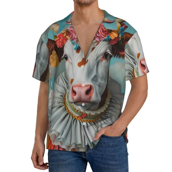Yiaed Vintage Colorful Floral Cow Print Mens Casual Wrinkle Free Shirts Short Sleeve Button Down Summer Stretch Dress Shirt-Large