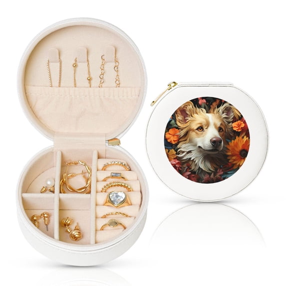 Yiaed Vintage Colorful Flower Puppy Print Travel Jewelry Case Bridesmaid Gift Boxes Jewelry Travel Organizer Small Round Jewelry Box Mini Storage-White