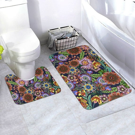 Yiaed Vintage Floral Print Bathroom Mat Set 2 Pieces Mat Anti-Skid Pad Ultra Soft and Absorbent Bathroom Bath Mat Contour Bath Rugs for Toilet Base