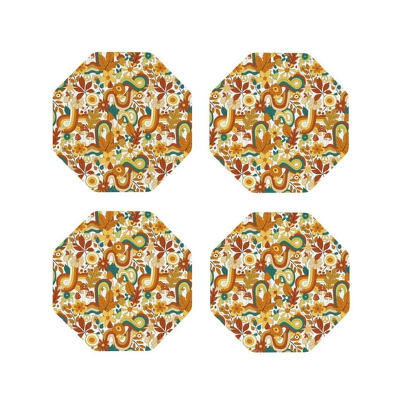Yiaed Vintage Floral Print Leather Coasters for Drinks - Cup Coasters Coffee Table Kitchen Table Bar, Home & Office Gifts Handmade Drink Coasters-Octagon