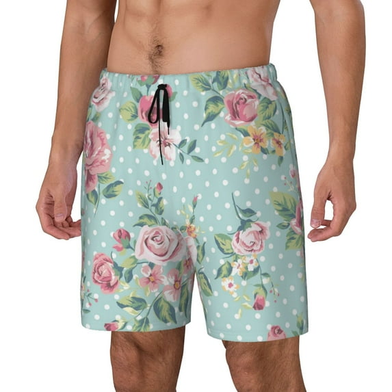 Yiaed Vintage Floral Print Mens Swim Trunks Bathing Suit Compression Liner Beach Swim Shorts Swimwear Quick Dry Zipper Pocket No-Chafing Board Short-Medium