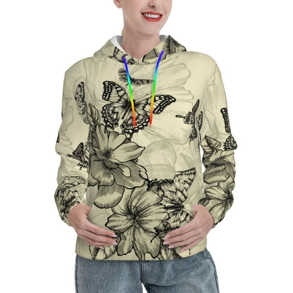 Yiaed Vintage Floral Print Womens Casual Hoodies Crew Neck Long Sleeve Sweatshirts With Pocket Pullover Tops Women's Hooded Sweatshirt-Small