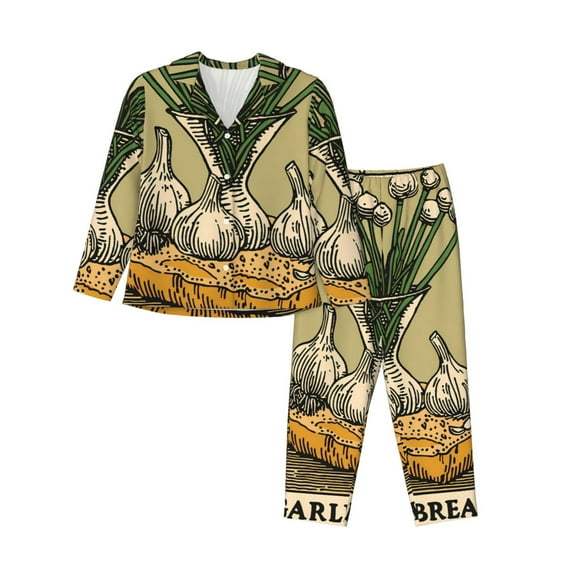 Yiaed Vintage Garlic Bread Illustration Print Pajamas Women's Long Sleeve Sleepwear Soft Button Down Loungewear Pjs Lounge Set Nightwear Womens Pajama Pants-X-Large