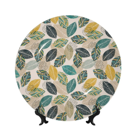 Yiaed Vintage Leaves Print Bone China Decorative Plate Ceramic Dinner Plates Art Crafts with Display Stand-6in