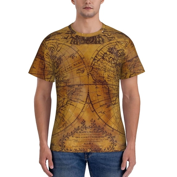 Yiaed Vintage Map Print Mens Short Sleeve Tight Fit T-Shirt, Crewneck Casual Tee-Small
