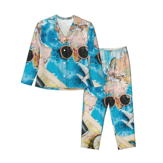 Yiaed Vintage Map Travel Essentials Print Pajamas Women's Long Sleeve Sleepwear Soft Button Down Loungewear Pjs Lounge Set Nightwear Womens Pajama Pants-Small