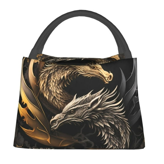 Yiaed Vintage Metal Dragon Print Lunch box lunch bag Portable Insulated Lunch Box for Women Men Cooler Tote Bag with Front Pocket for Work Picnic Travel
