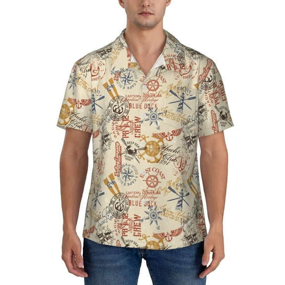Yiaed Vintage Nautical Print Hawaiian Shirt for Men Short Sleeve Button Down Shirts Beach Shirts for Men-Large