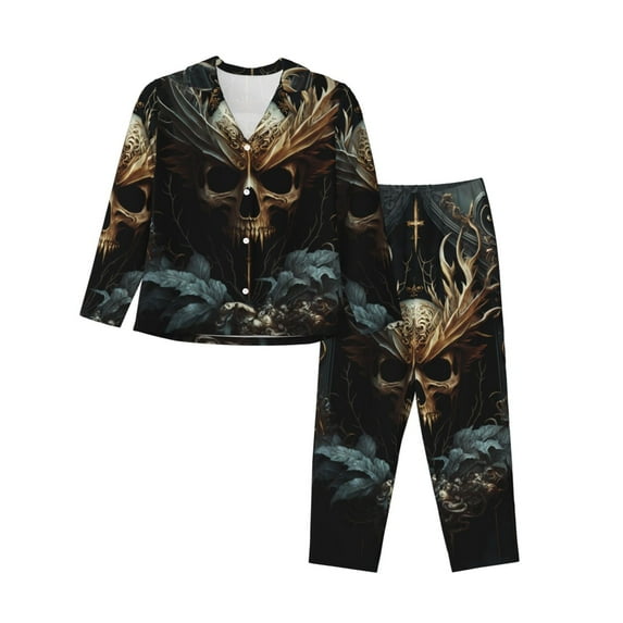 Yiaed Vintage Ornate Skull Print Pajamas Women's Long Sleeve Sleepwear Soft Button Down Loungewear Pjs Lounge Set Nightwear Womens Pajama Pants-Medium