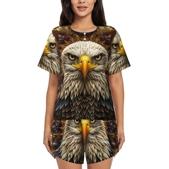 Yiaed Vintage Pattern Bald Eagle Print Short Sleeve Pajama Sets for Women Casual Crew Neck 2 Piece Lounge Sets Women's Short-Sleeved Pajama-XX-Large
