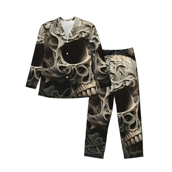 Yiaed Vintage Pattern Flower Skull Print Men’s Pajamas Set - Long Sleeve Button Down Sleep Shirt and Pajama Bottoms Sleepwear Set Mens Pjs Sets Men's Pajama Bottoms-Large