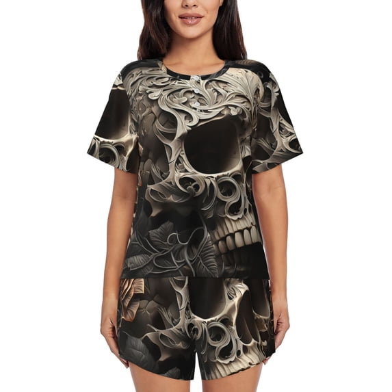 Yiaed Vintage Pattern Flower Skull Print Short Sleeve Pajama Sets for Women Casual Crew Neck 2 Piece Lounge Sets Women's Short-Sleeved Pajama-X-Large
