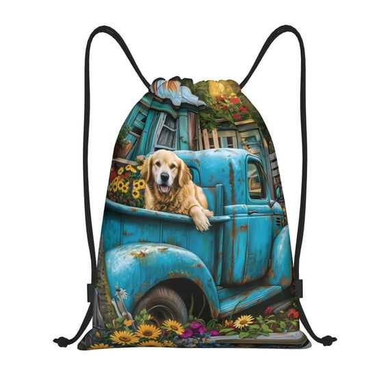 Yiaed Vintage Pickup Sunflower Dog Print Drawstring Bags Drawstring Backpack Bulk String Back Pack Gym Sport Bag-Medium
