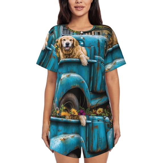 Yiaed Vintage Pickup Sunflower Dog Print Short Sleeve Pajama Sets for Women Casual Crew Neck 2 Piece Lounge Sets Women's Short-Sleeved Pajama-4X-Large