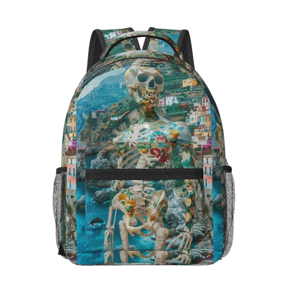 Yiaed Vintage Print Island Skull Print School Backpack College Backpack Daypacks for Students High School Spacious and Durable Daypack for Work and Travel-One Size