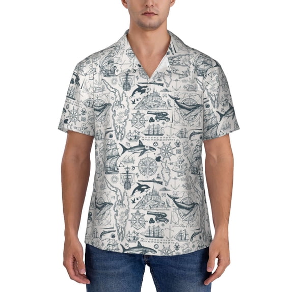 Yiaed Vintage Sailboats Print Hawaiian Shirt for Men Short Sleeve Button Down Shirts Beach Shirts for Men-Medium
