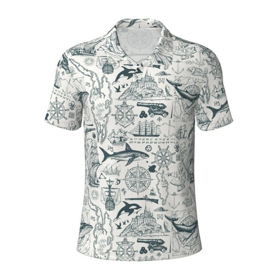 Yiaed Vintage SailboatsPrint Men's Short Sleeve Polo Shirt,Golf Polo for Men Three-Button Golf Shirt Athletic Casual Collared T-Shirt- 3X-Large