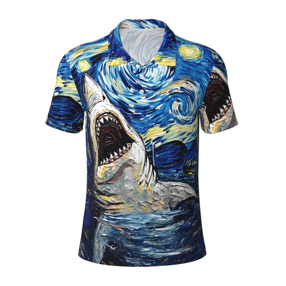 Yiaed Vintage Starry Sky SharkPrint Men's Short Sleeve Polo Shirt,Golf Polo for Men Three-Button Golf Shirt Athletic Casual Collared T-Shirt- X-Large