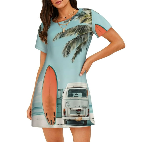 Yiaed Vintage Surf Van Beach Print Women's Loose-Fit Short Sleeve Nightgown, Soft and Comfortable Sleep Dress for Relaxation and Sleepwear