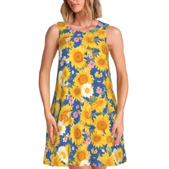 Yiaed Vintage White Yellow Sunflower Print Women's Sleeveless Dress, Loose Fit Summer Dress, Casual Sleeveless Dress for Women