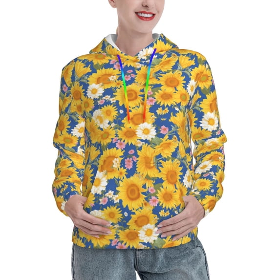 Yiaed Vintage White Yellow Sunflower Print Womens Casual Hoodies Crew Neck Long Sleeve Sweatshirts With Pocket Pullover Tops Women's Hooded Sweatshirt-XX-Large