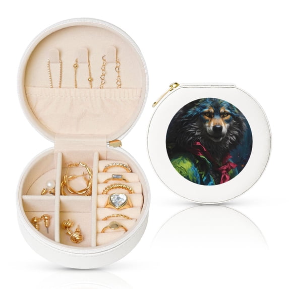 Yiaed Vintage Wolf Warrior Print Travel Jewelry Case Bridesmaid Gift Boxes Jewelry Travel Organizer Small Round Jewelry Box Mini Storage-White