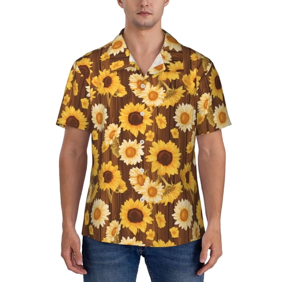 Yiaed Vintage Wood Grain Sunflower A Print Hawaiian Shirt for Men Short Sleeve Button Down Shirts Beach Shirts for Men-Medium
