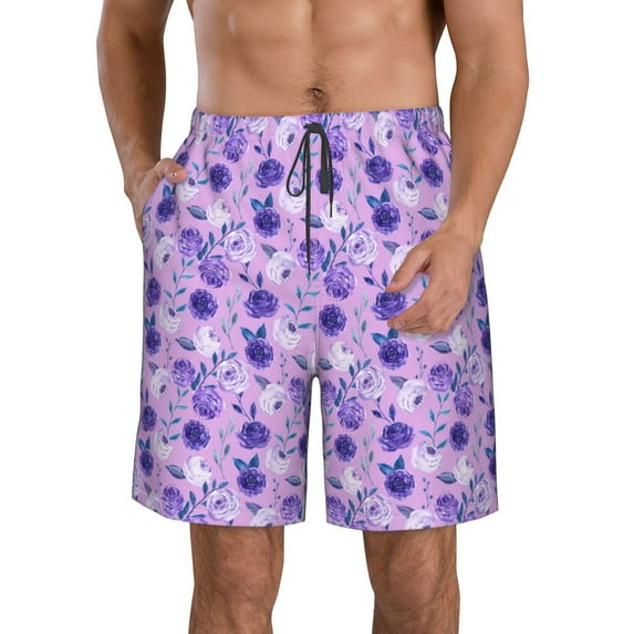 Yiaed Violet Print Men's Swim Trunks with Lining Quick Dry Sports Shorts Beach Shorts Boardshorts-X-Large