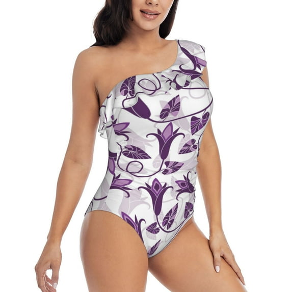 Yiaed Violets Flowers Print Women One Piece Swimsuits Tummy Control One Shoulder Bathing Suits Pattern Ruffle Swimwear-Small