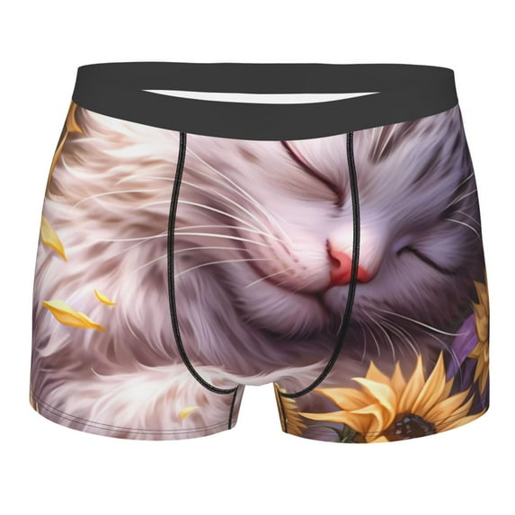 Yiaed Warm Sunflower Sleeping Cat Print Men's Soft Cotton Boxer Shorts Breathable Boxers Underwear Moisture-Wicking Underwear Stretch Boxer Briefs for Man-Small