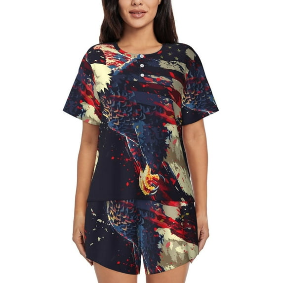 Yiaed Watercolor Bald Eagle Print Short Sleeve Pajama Sets for Women Casual Crew Neck 2 Piece Lounge Sets Women's Short-Sleeved Pajama-3X-Large