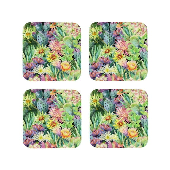 Yiaed Watercolor Blooming Cactus Print Leather Coasters for Drinks - Cup Coasters Coffee Table Kitchen Table Bar, Home & Office Gifts Handmade Drink Coasters-Square
