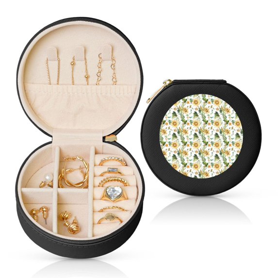 Yiaed Watercolor Bright Sunflowers Print Travel Jewelry Case Bridesmaid Gift Boxes Jewelry Travel Organizer Small Round Jewelry Box Mini Storage-Black