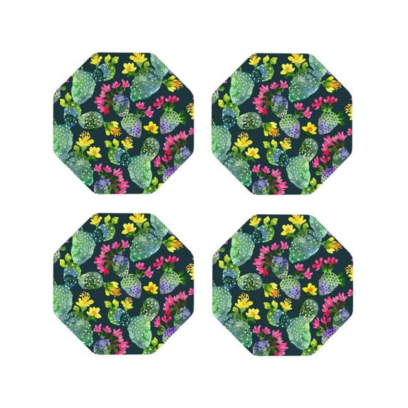 Yiaed Watercolor Cactuses Print Leather Coasters for Drinks - Cup Coasters Coffee Table Kitchen Table Bar, Home & Office Gifts Handmade Drink Coasters-Octagon