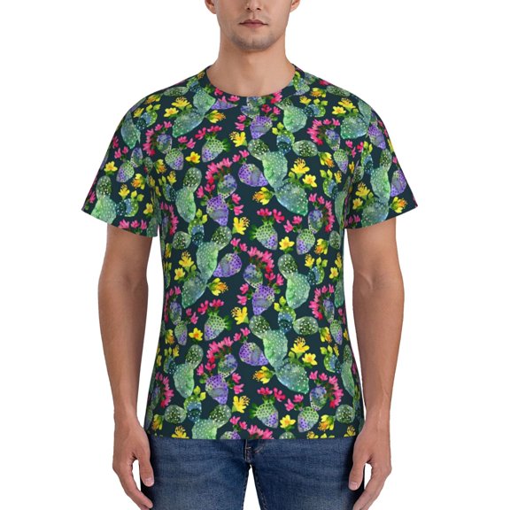 Yiaed Watercolor Cactuses Print Mens Short Sleeve Tight Fit T-Shirt, Crewneck Casual Tee-3X-Large