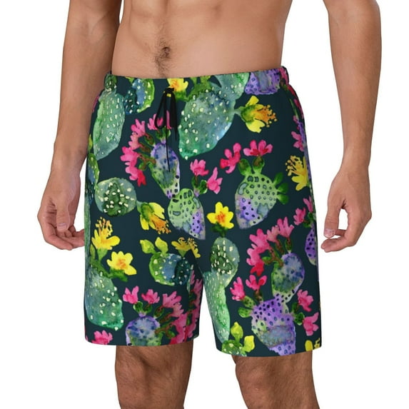 Yiaed Watercolor Cactuses Print Mens Swim Trunks Bathing Suit Compression Liner Beach Swim Shorts Swimwear Quick Dry Zipper Pocket No-Chafing Board Short-Large