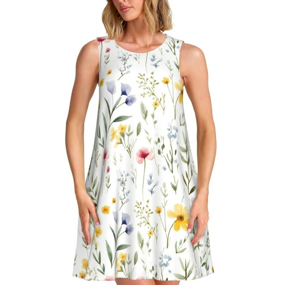 Yiaed Watercolor Floral A Print Women's Sleeveless Dress, Loose Fit Summer Dress, Casual Sleeveless Dress for Women