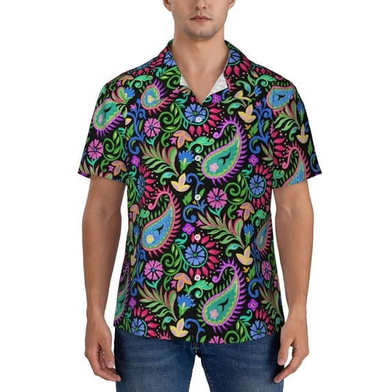 Yiaed Watercolor Floral Paisley Print Hawaiian Shirt for Men Short Sleeve Button Down Shirts Beach Shirts for Men-Large