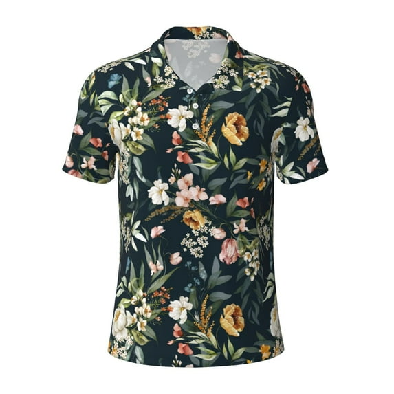 Yiaed Watercolor FloralPrint Men's Short Sleeve Polo Shirt,Golf Polo for Men Three-Button Golf Shirt Athletic Casual Collared T-Shirt- X-Large