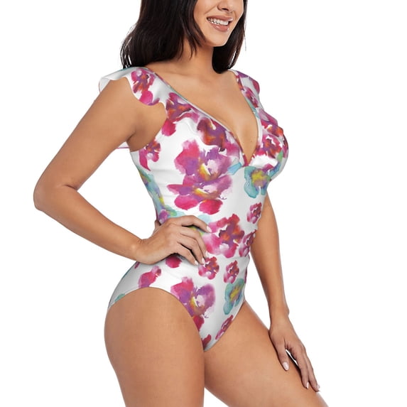 Yiaed Watercolor Flowers Print Women's Ruffled One Piece Swimsuit V Neck Swimwear Slimming Monokini for Woman-XX-Large