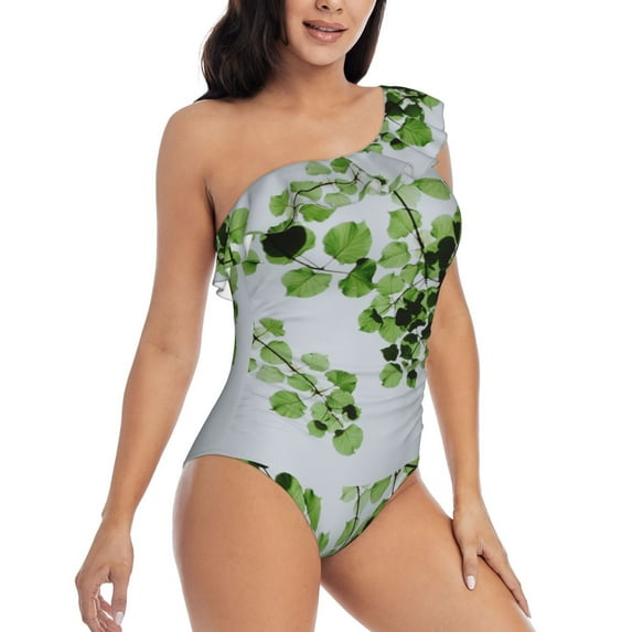 Yiaed Watercolor Green Leaves Print Women One Piece Swimsuits Tummy Control One Shoulder Bathing Suits Pattern Ruffle Swimwear-XX-Large