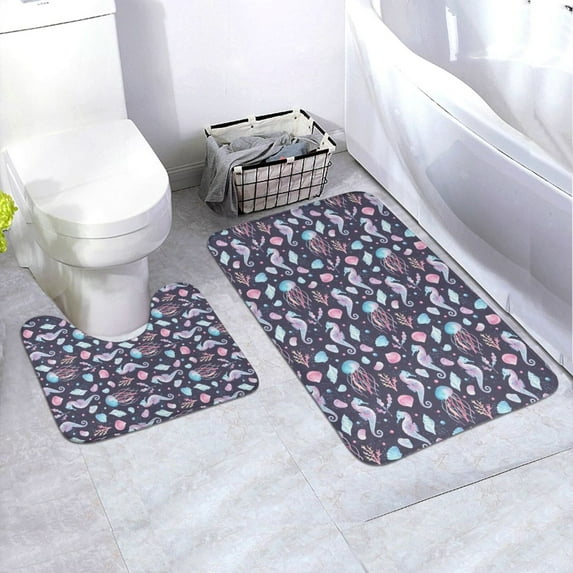 Yiaed Watercolor Marine Animals Print Bathroom Mat Set 2 Pieces Mat Anti-Skid Pad Ultra Soft and Absorbent Bathroom Bath Mat Contour Bath Rugs for Toilet Base